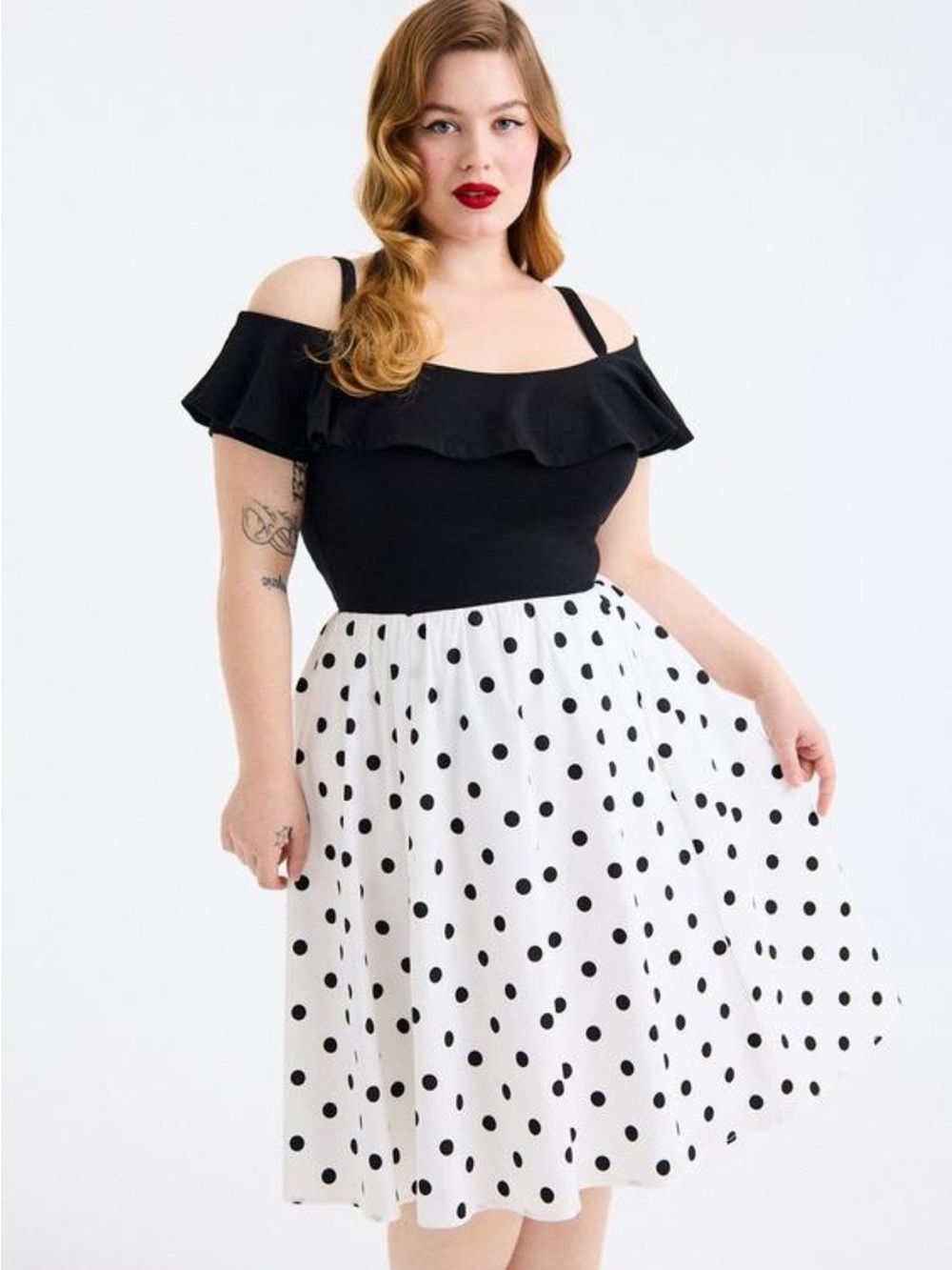 Torrid Off Shoulder Polka Dot Black White Vintage Retro Chic Dress 00 Large
